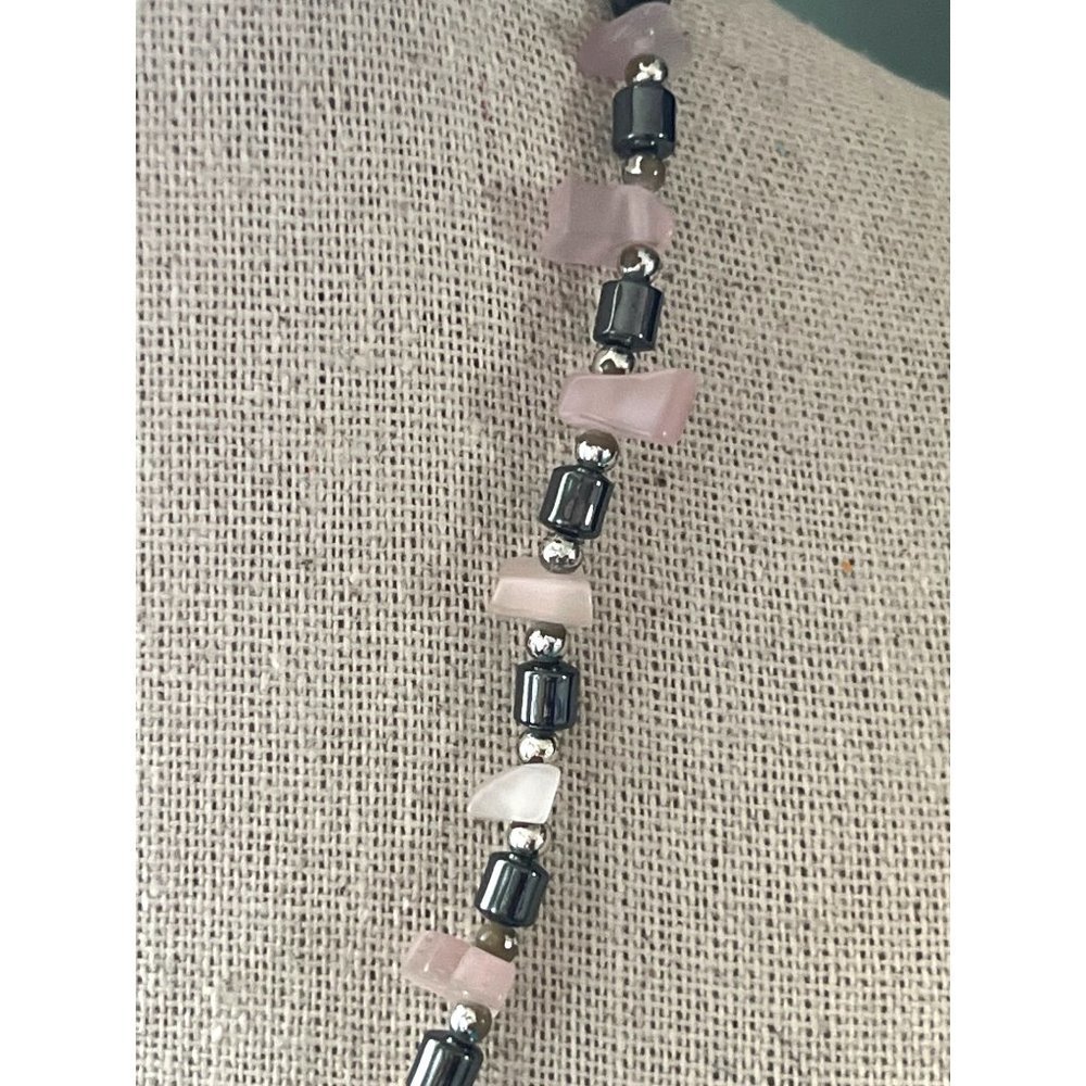 Pink Quartz and Hematite Genuine Necklace -- 16" - Picture 4 of 8